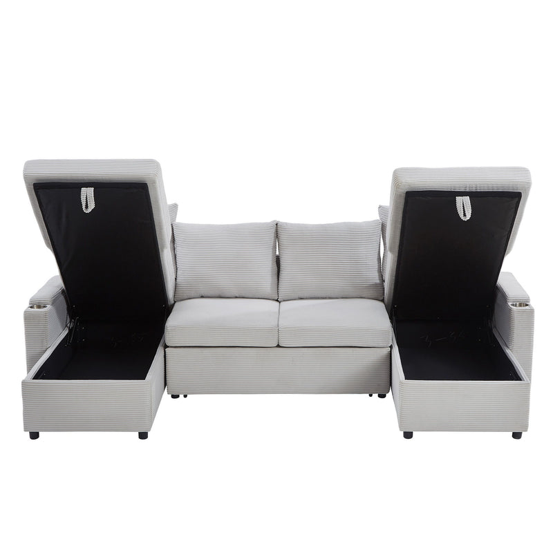 U Shaped Sectional Sofa Bed With Storage Chaise Lounges, USB Ports, And Cup Holders