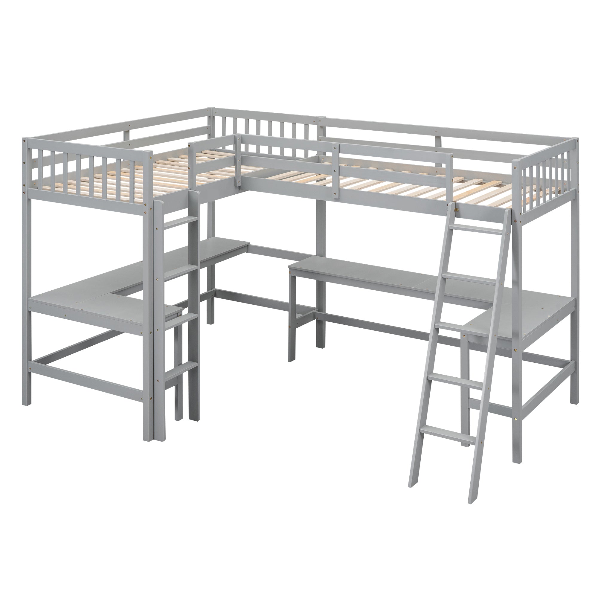 Wood Twin Size L-Shaped Loft Bed with Ladder and 2 Built-in L-Shaped Desks, Gray - Atlantic Fine Furniture Melbourne FL