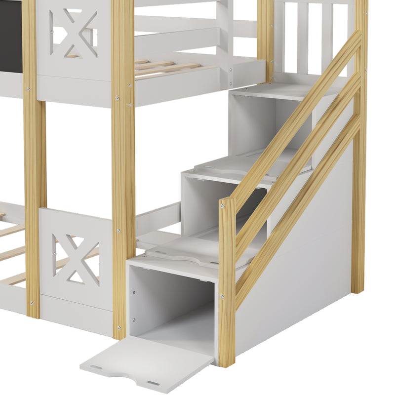 Twin over Twin House Bunk Bed with White Storage Staircase and Blackboards, White