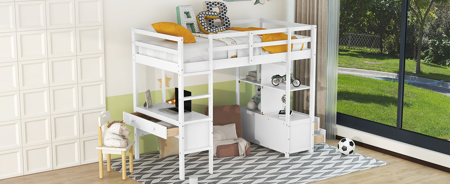 Twin  Size Loft Bed with Built-in Desk with Two Drawers, and Storage Shelves and Drawers,White - Atlantic Fine Furniture Melbourne FL