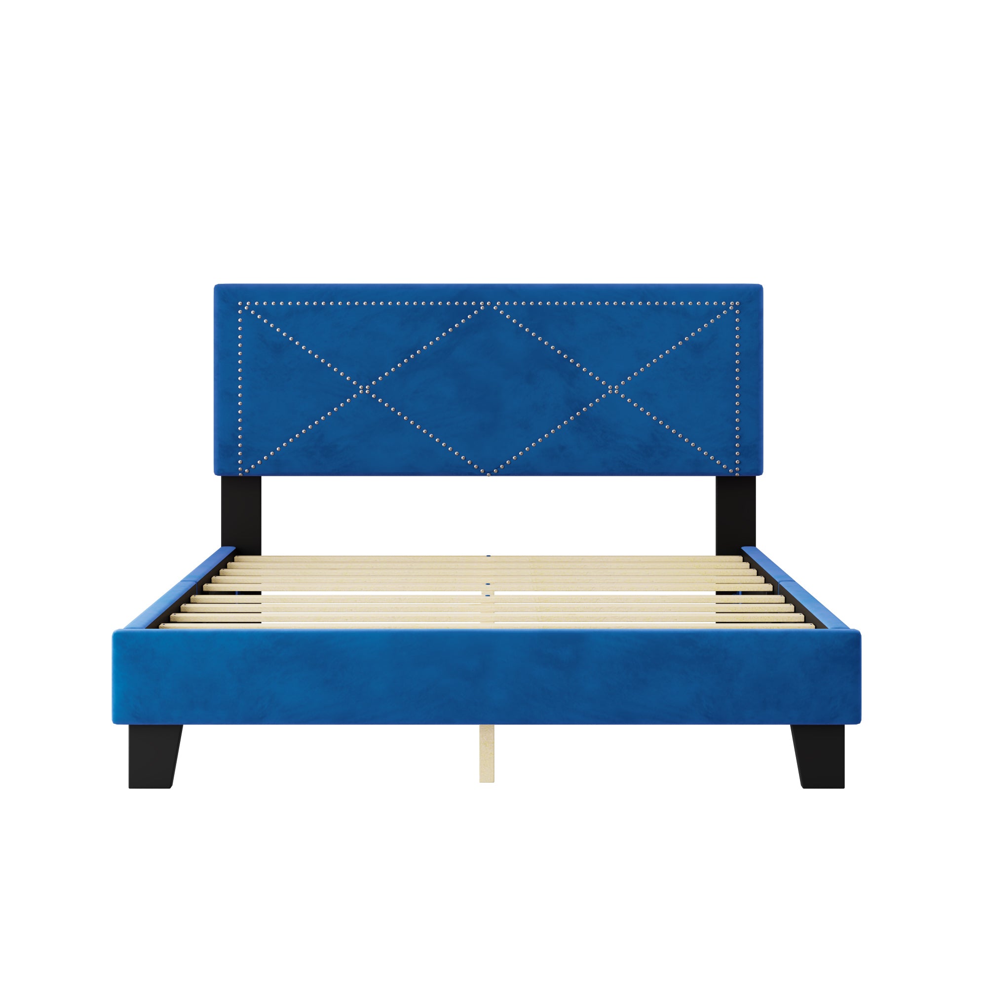 Simple Queen Size Upholstered Bed Frame with Rivet Design, Modern Velvet Platform Bed with headboard, Blue - Atlantic Fine Furniture Melbourne FL