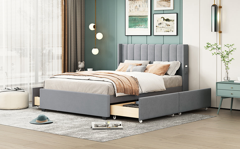 Full Size Upholstered Bed with 4 Drawers, Gray - Atlantic Fine Furniture Melbourne FL