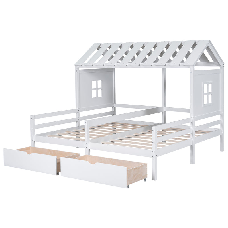 Twin Size House Platform Beds with Two Drawers for Boy and Girl Shared Beds, Combination of 2 Side by Side Twin Size Beds, White(old sku: GX000927AAK)