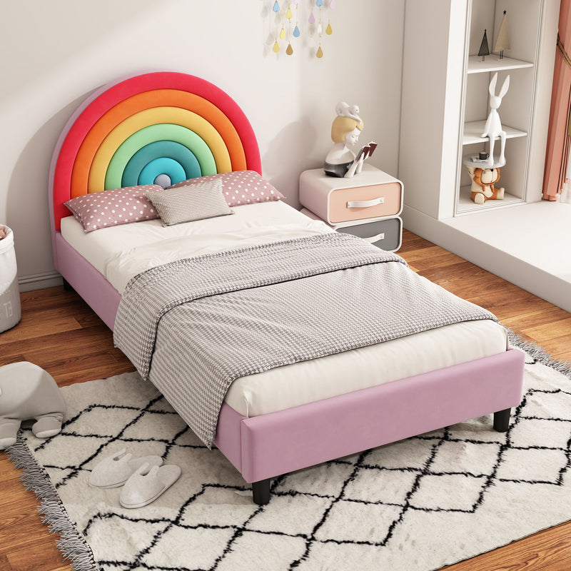 Rainbow Design Upholstered Twin Platform Bed Cute Style Princess Bed For Boys & Girls, Teens, Colorful & Pink