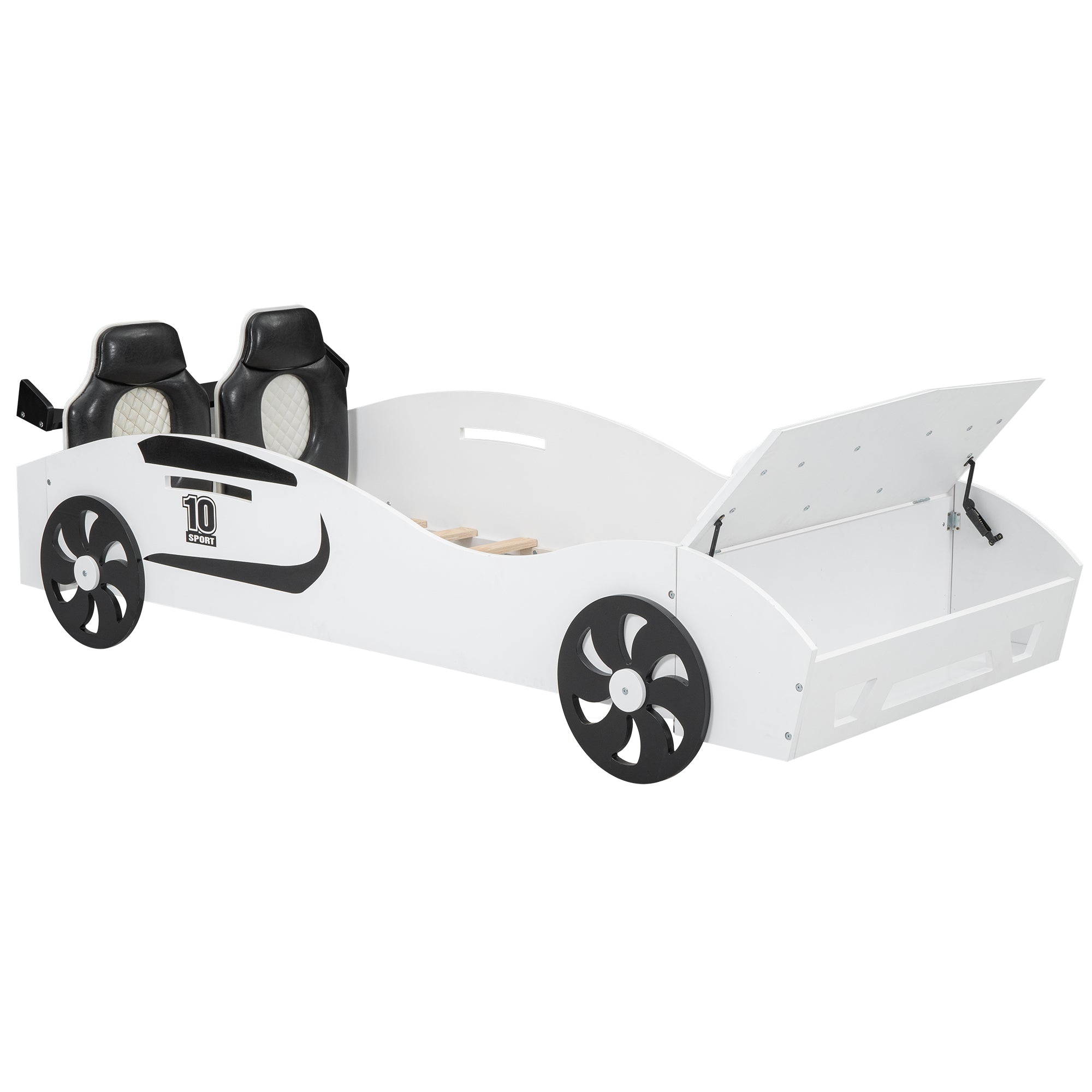 Twin Size Race Car-Shaped Platform Bed with Upholstered Backrest and Storage, White - Atlantic Fine Furniture Melbourne FL