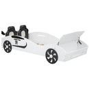Twin Size Race Car-Shaped Platform Bed with Upholstered Backrest and Storage, White