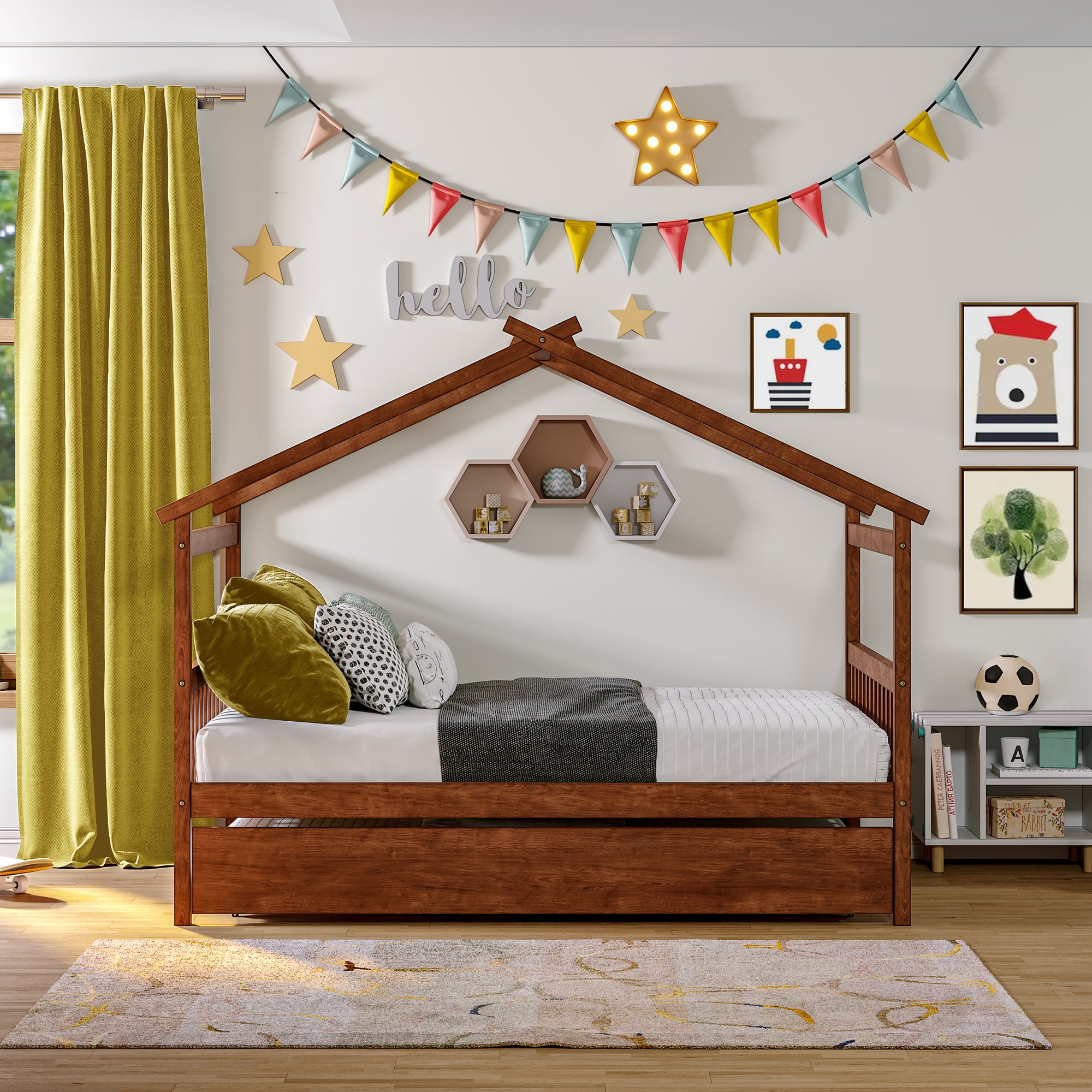 Full Size Wooden House Bed with Twin Size Trundle, Walnut - Atlantic Fine Furniture Melbourne FL