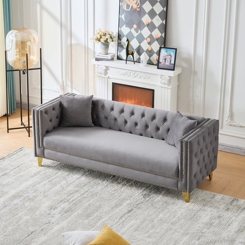 3 Seater Deep Seat Sofa, Sofa With Button Nailhead, Square Arm Couches, Furniture For Living Room - Gray