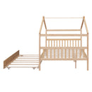 Full Size Wooden House Bed with Twin Size Trundle, Natural