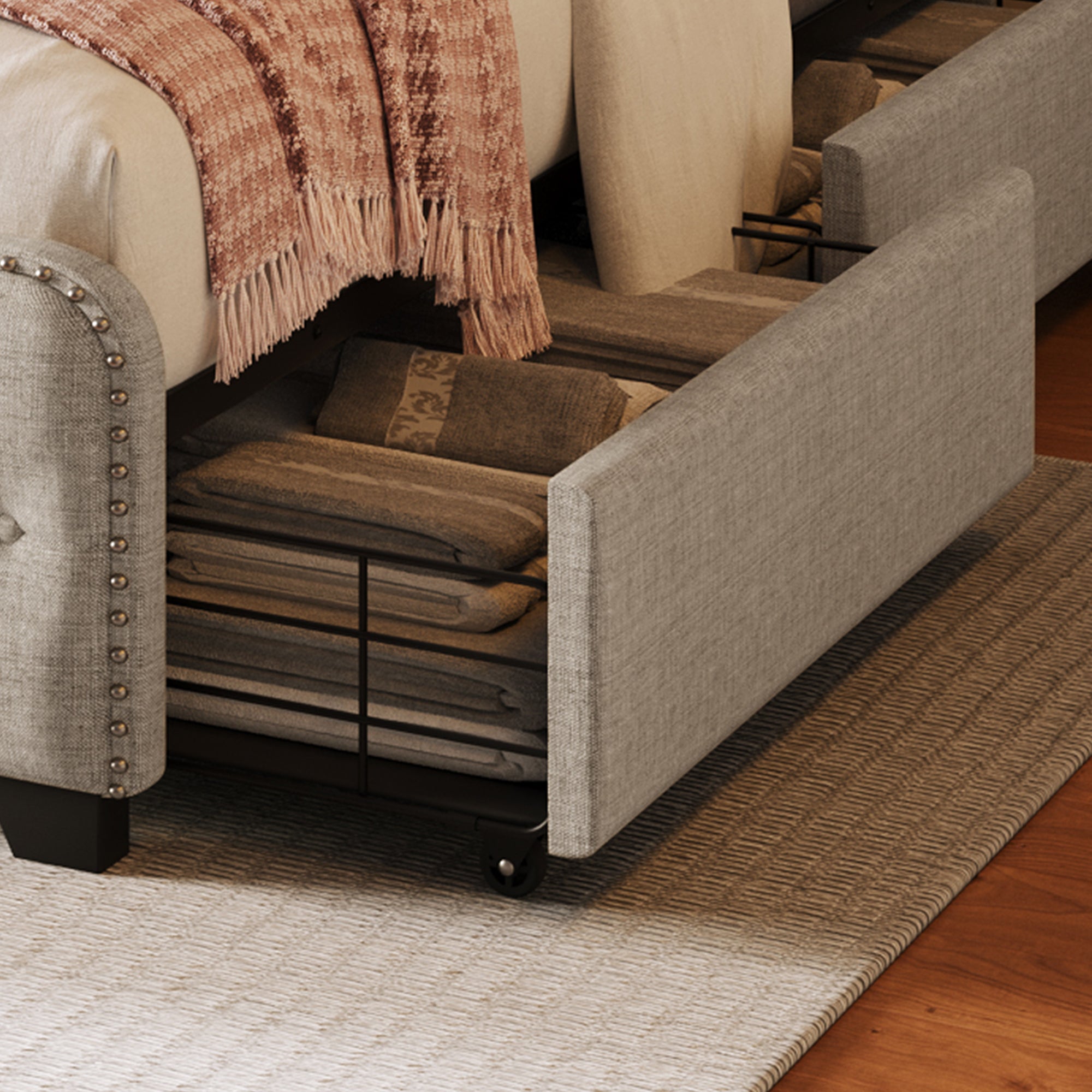 Upholstered Platform Bed Frame with Four Drawers, Button Tufted Headboard and Footboard Sturdy Metal Support, No Box Spring Required, Beige, King (Old sku:BS300277AAA) - Atlantic Fine Furniture Melbourne FL
