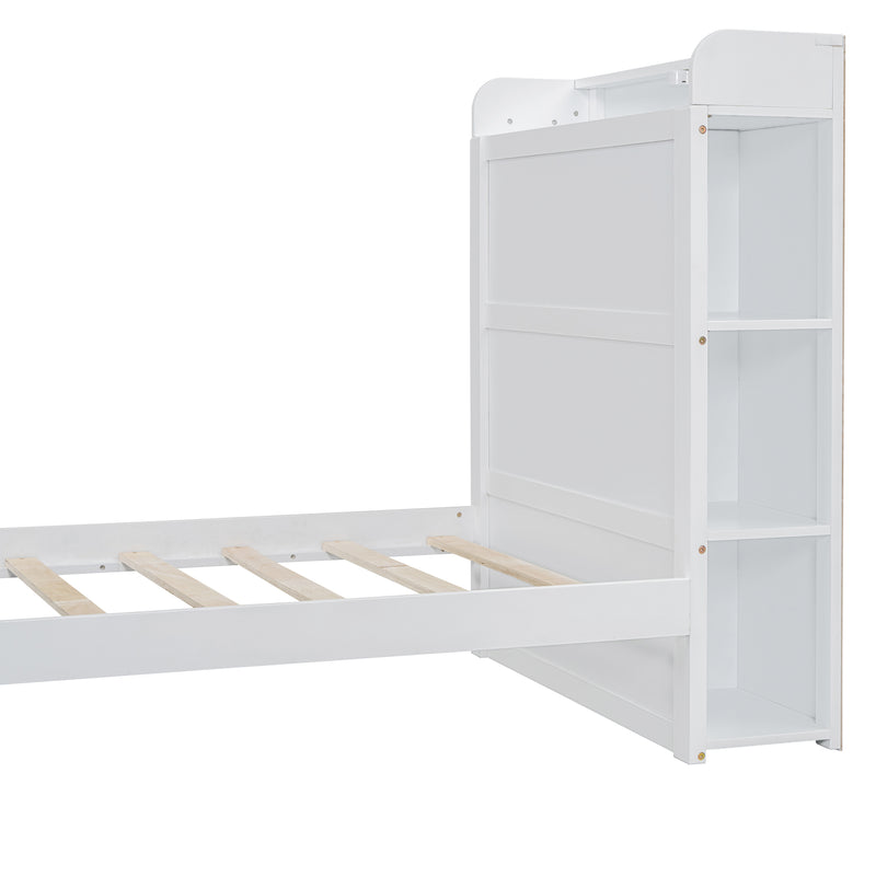 Twin Size Platform Bed with built-in shelves, LED Light and USB ports, White