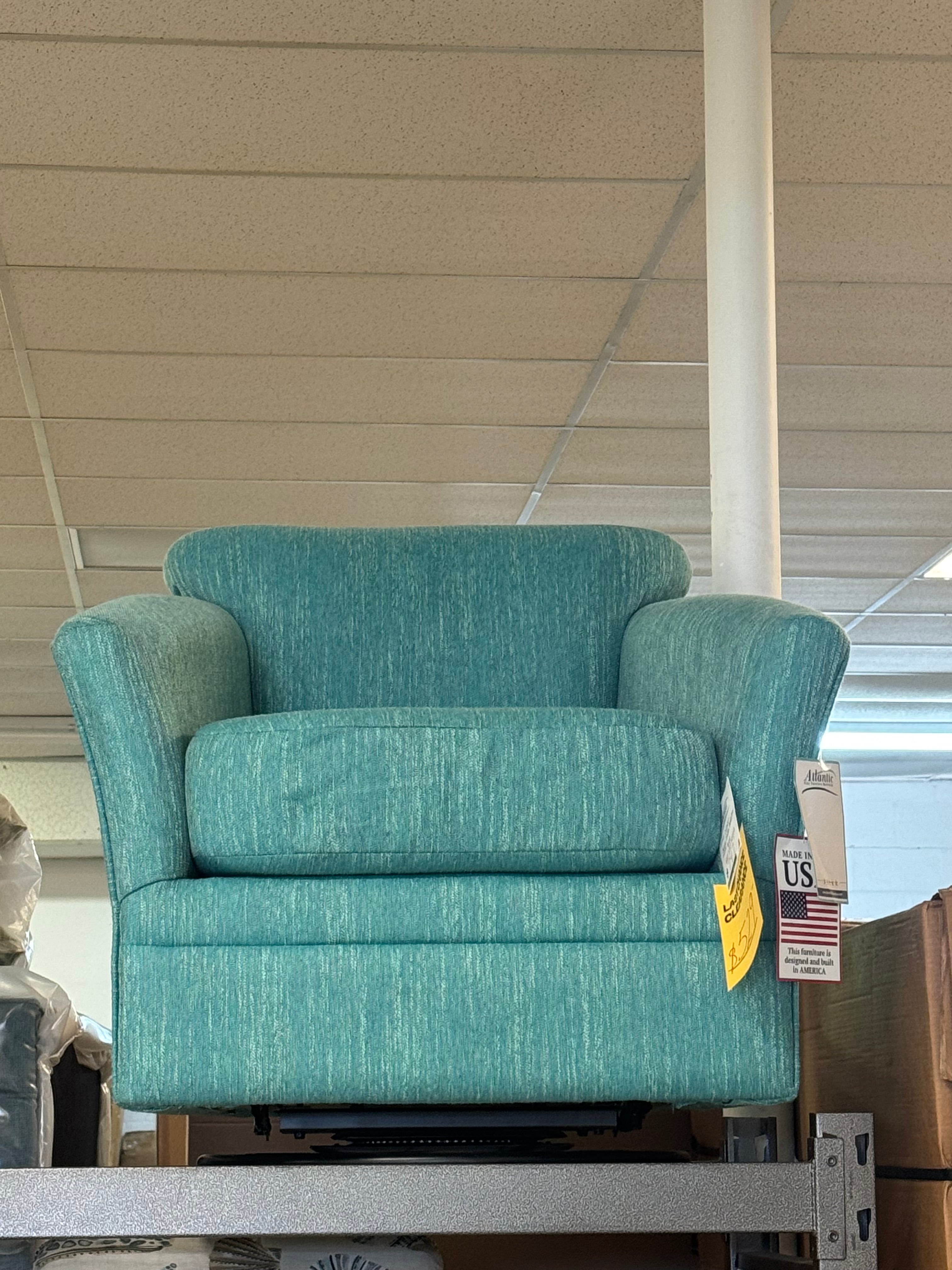 Custom Swivel Barrel Glider Chair *EMILY TURQUOISE FABRIC* SHOWROOM MODEL ONLY