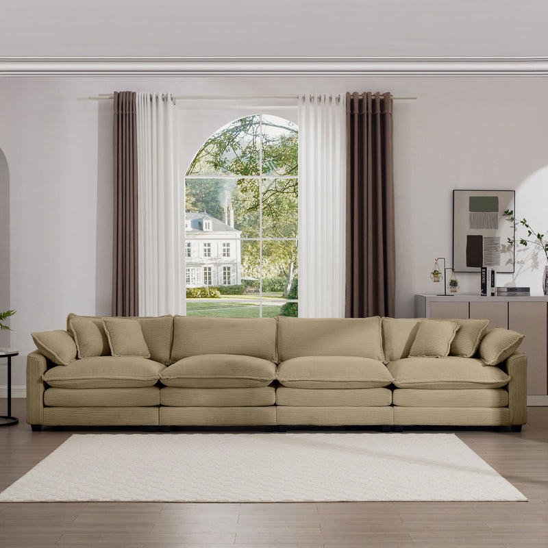 Modern Upholstered 4 Seater Corduroy Fabric Sofa With Arm And Throw Pillows