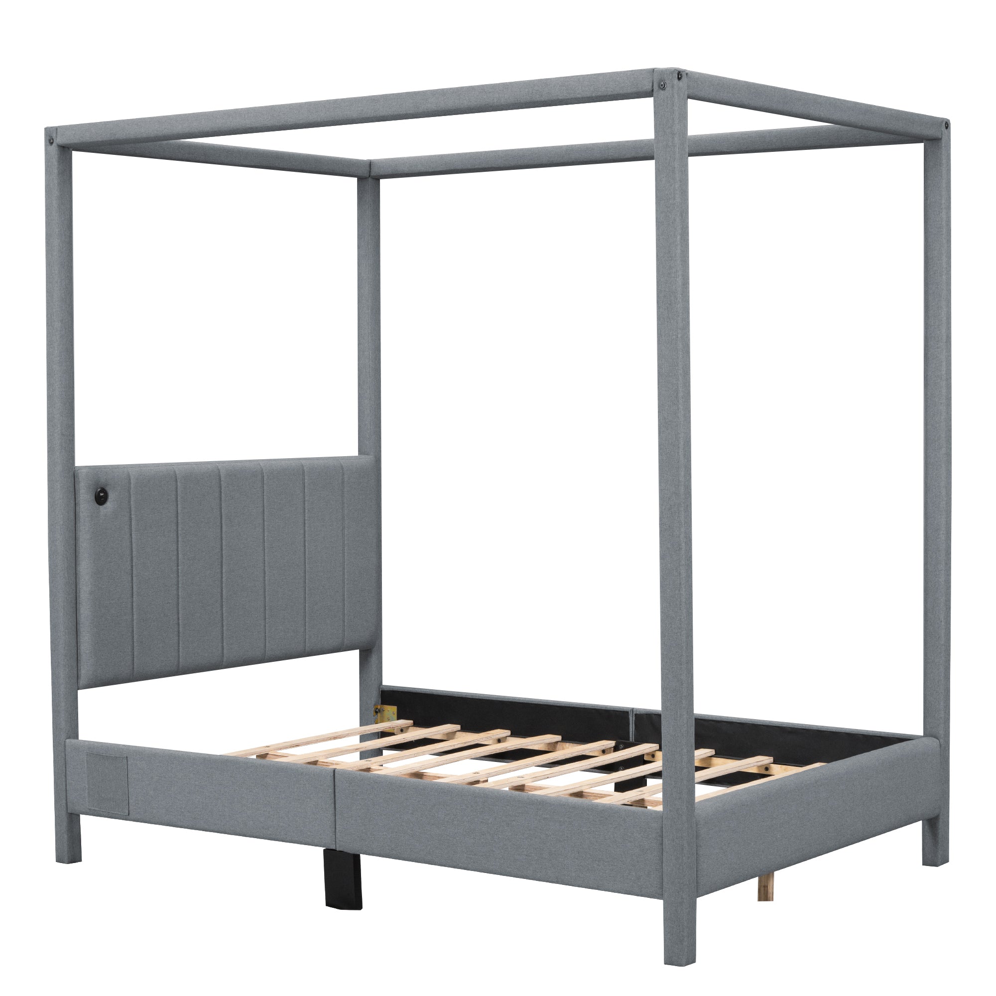 Full Size Canopy Platform Bed with USB and Type-C Ports, Canvas, Gray - Atlantic Fine Furniture Melbourne FL