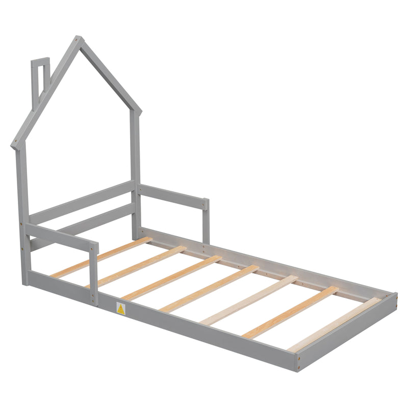 Twin House-Shaped Headboard Floor Bed With Handrails, Slats