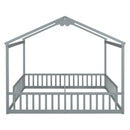 Double Twin House-Style Floor Bed with Fence, Guardrails, without door, Grey