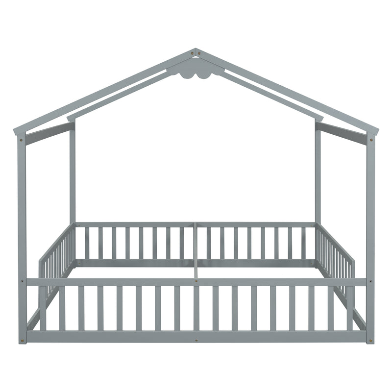 Double Twin House-Style Floor Bed with Fence, Guardrails, without door, Grey