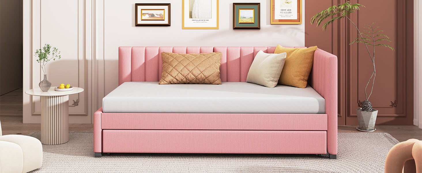 Upholstered Daybed with Trundle Twin Size Sofa Bed Frame No Box Spring Needed, Linen Fabric(Pink) - Atlantic Fine Furniture Melbourne FL