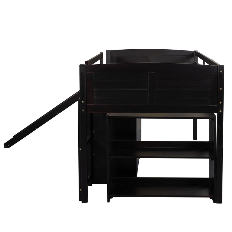 Loft Low Bed With Cabinets, Shelves And Slide