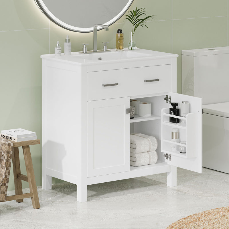 Bathroom Vanity With Ceramic Sink, Modern Single Bathroom Cabinet With 2 Doors And A Shelf, Soft Close Doors