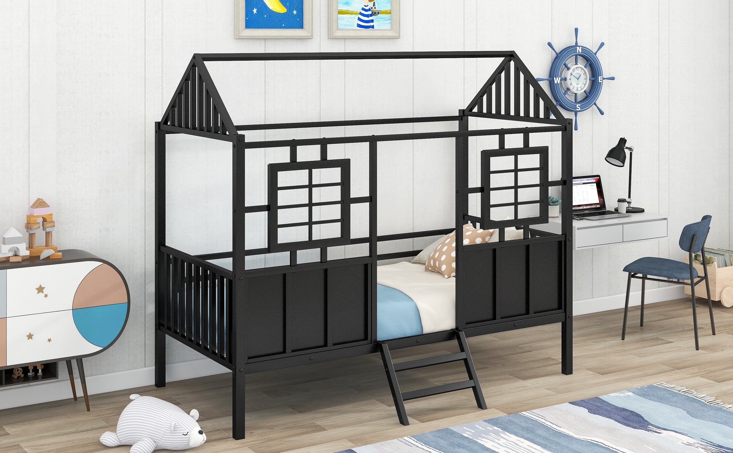 Twin Size Metal Low Loft House Bed with Roof and Two Front Windows , Black - Atlantic Fine Furniture Melbourne FL