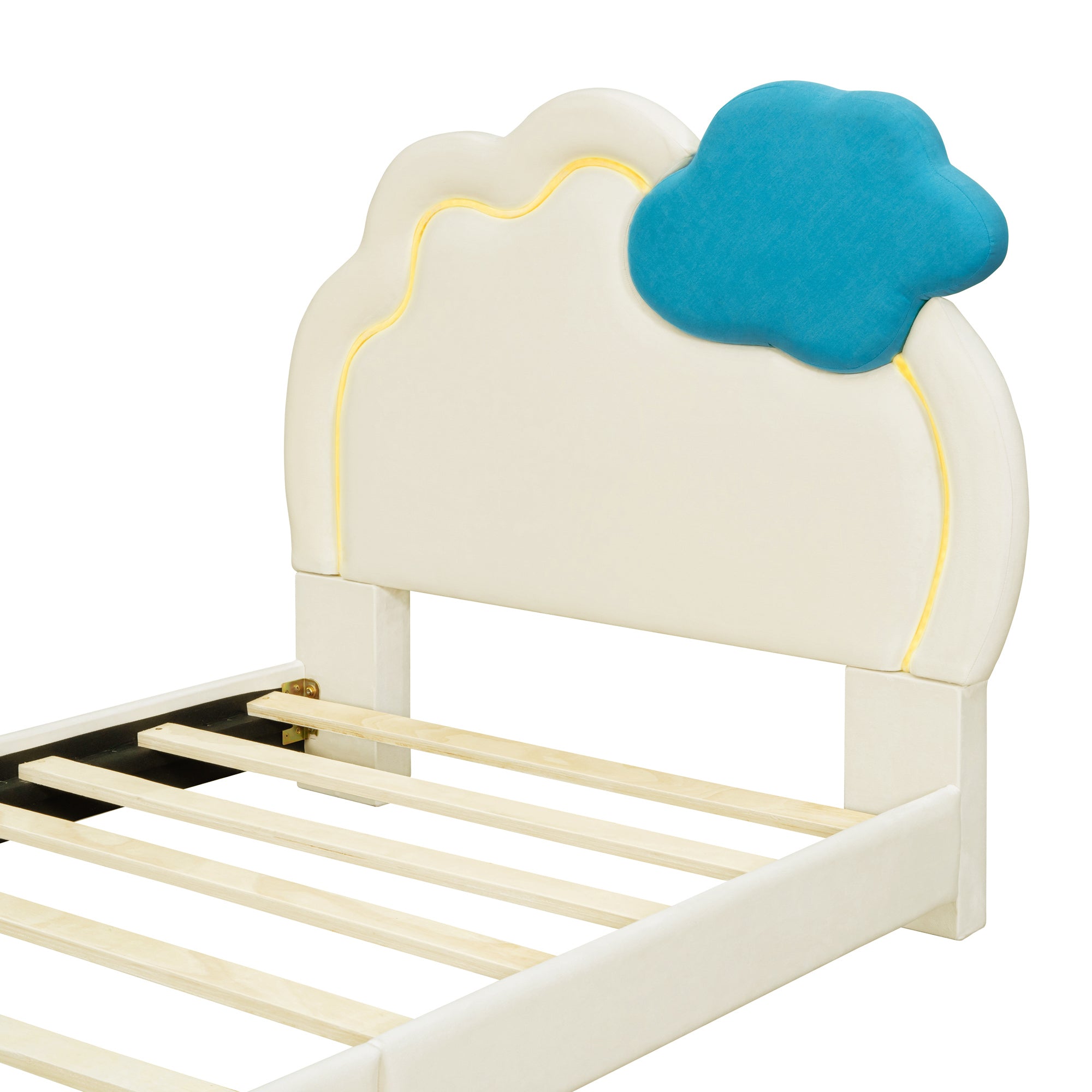 Twin Size Upholstered Platform Bed with Cloud-Shaped Headboard and Embedded Light Stripe, Velvet, Beige - Atlantic Fine Furniture Melbourne FL