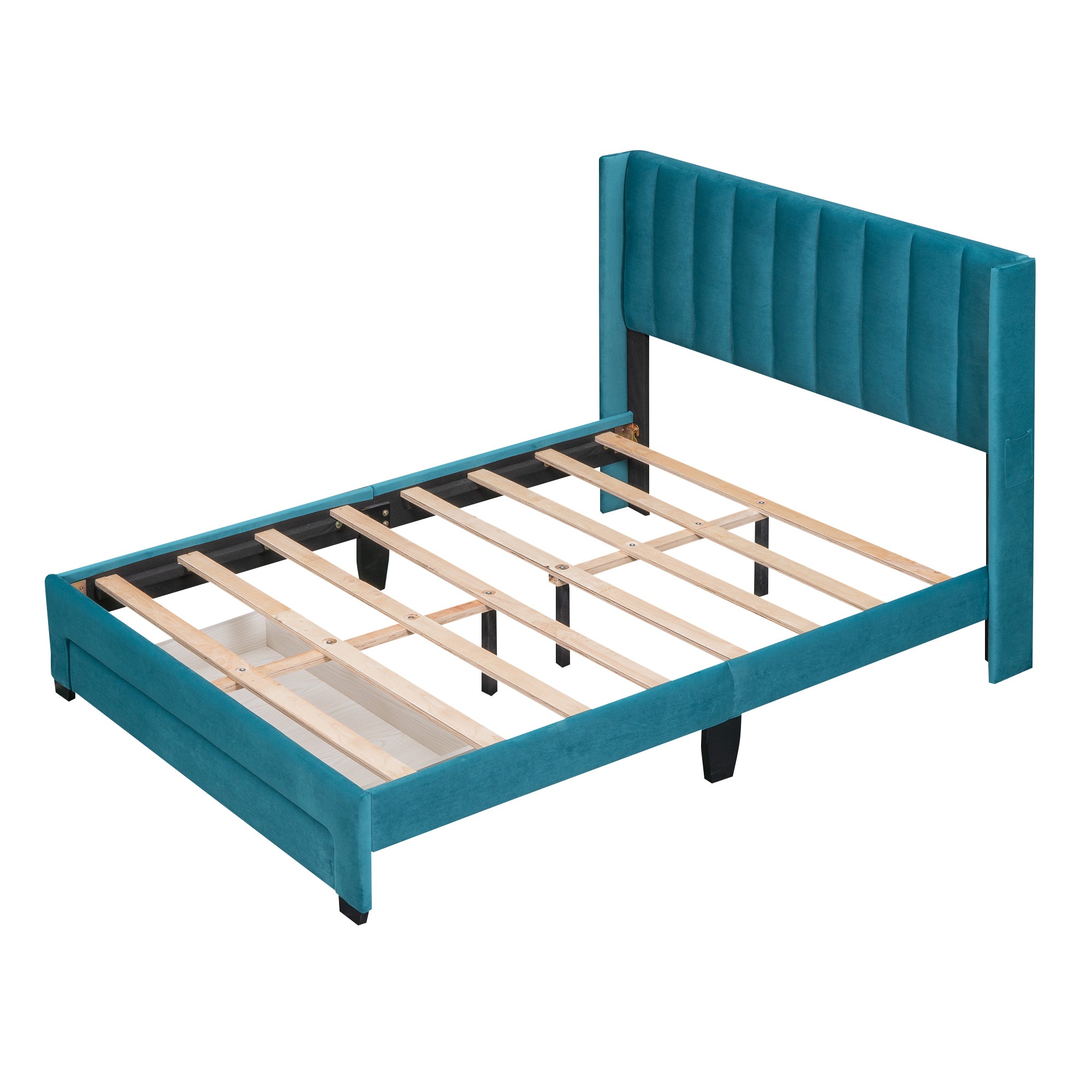Full Size Storage Bed Velvet Upholstered Platform Bed with a Big Drawer - Blue - Atlantic Fine Furniture Melbourne FL
