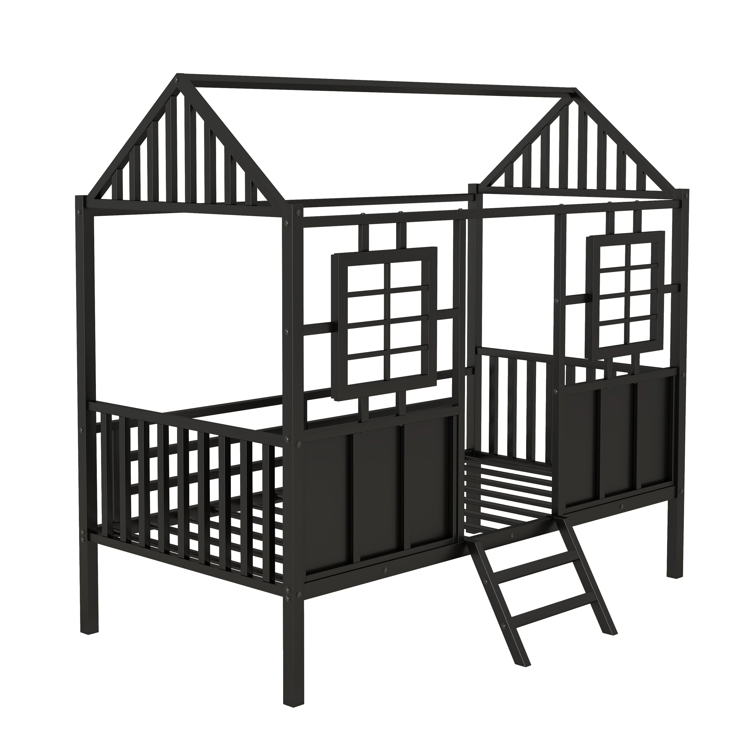 Twin Size Metal Low Loft House Bed with Roof and Two Front Windows , Black - Atlantic Fine Furniture Melbourne FL