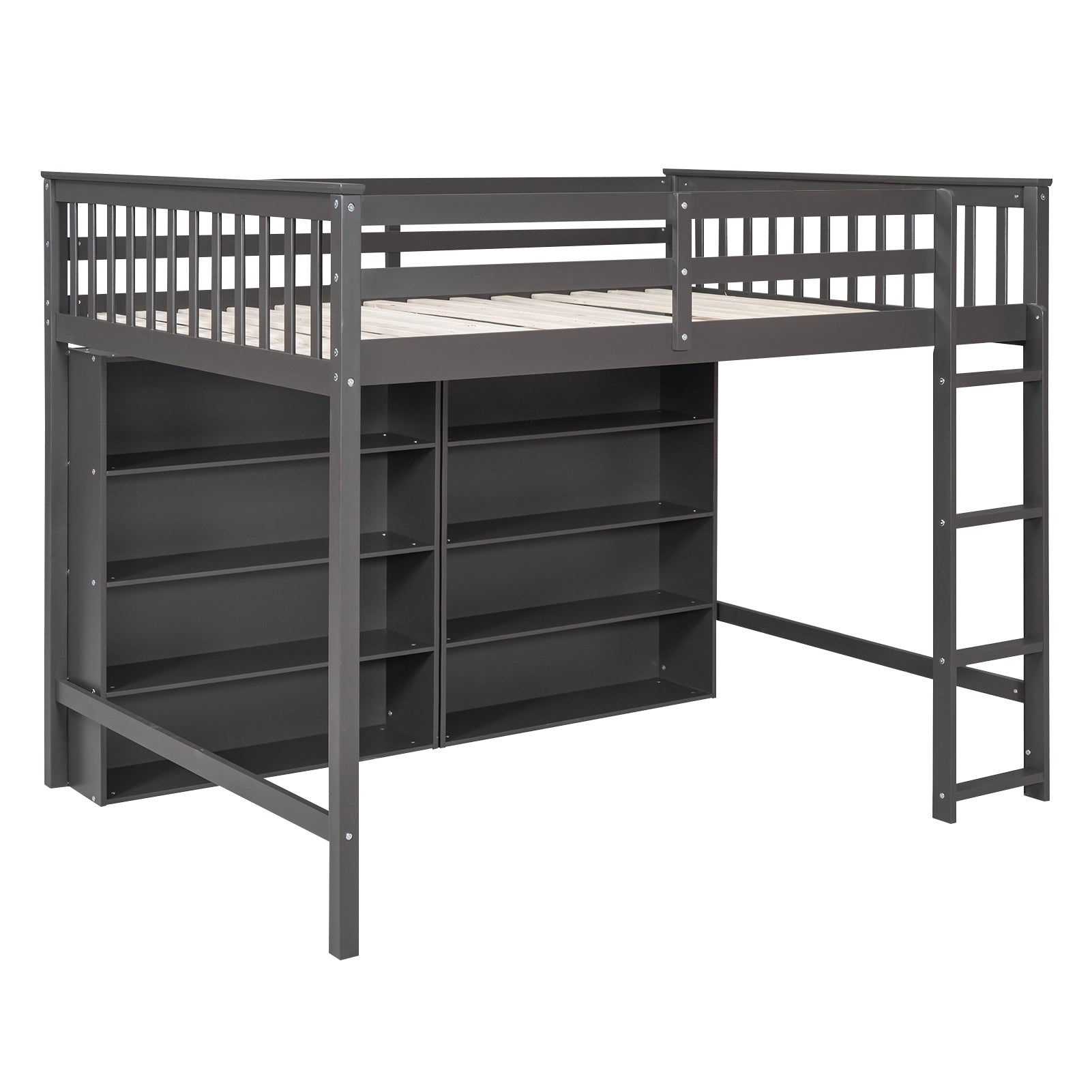 Full Size Loft Bed with 8 Open Storage Shelves and Built-in Ladder, Gray - Atlantic Fine Furniture Melbourne FL