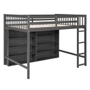 Full Size Loft Bed with 8 Open Storage Shelves and Built-in Ladder, Gray