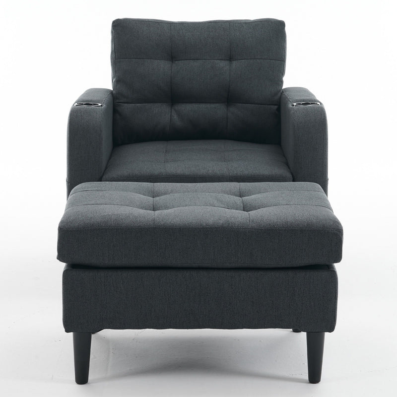 Upholstered Armchair And Storage Ottoman Set, Comfortable Single Sofa With Cup Holders And Tufted Detailing, Ideal For Living Room Or Bedroom - Dark Gray