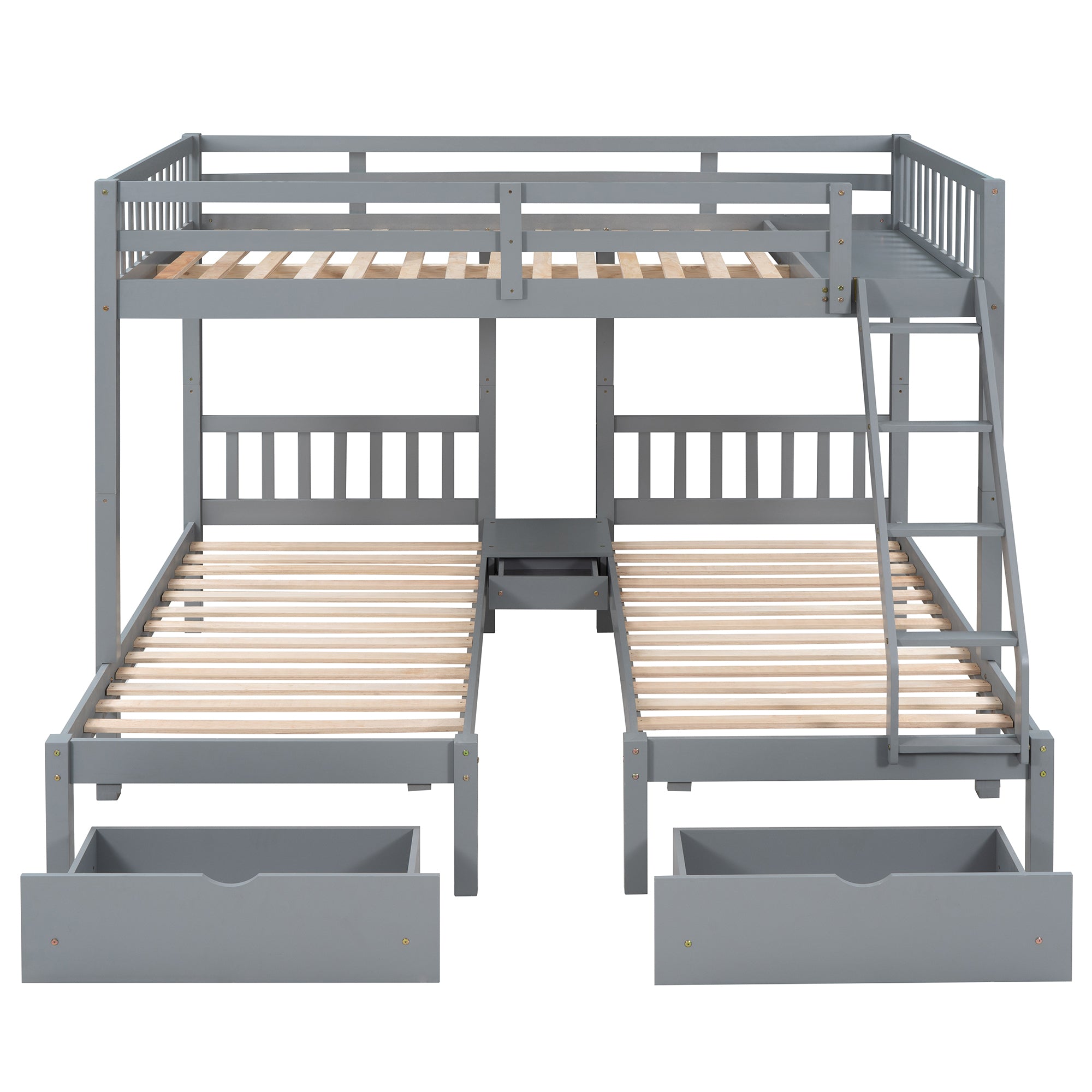 Full Over Twin & Twin Bunk Bed, Wood Triple Bunk Bed with Drawers and Guardrails, Gray (OLD SKU: LP000143AAE)