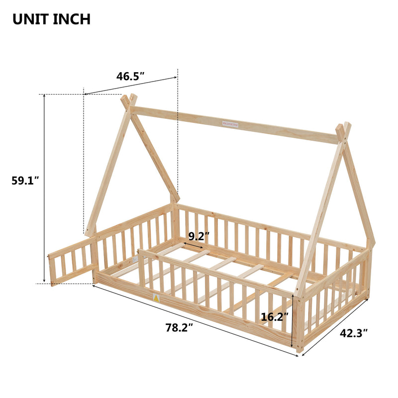 Tent-Shaped Floor Bed, With Guardrails, Slats, Door