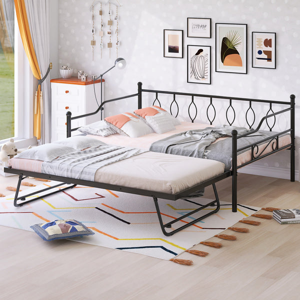 Full Size Metal Daybed with Twin Size Adjustable Trundle, Portable Folding Trundle, Black(OLD SKU:MF293730AAB)