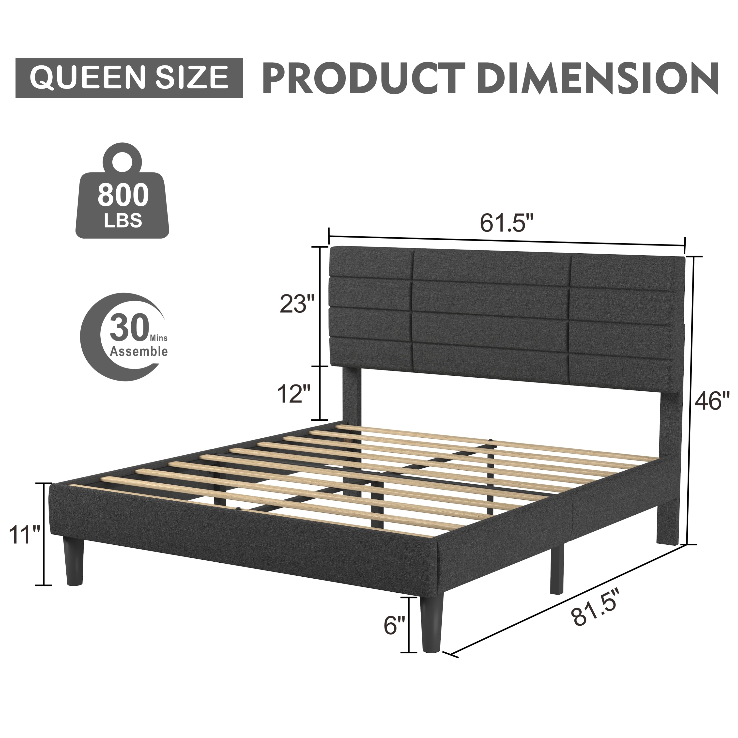Molblly Queen Size Bed Frame with Upholstered Headboard, Strong Frame, and Wooden Slats Support, Non-Slip and Noise-Free, No Box Spring Needed, Easy Assembly, Dark Grey - Atlantic Fine Furniture Melbourne FL