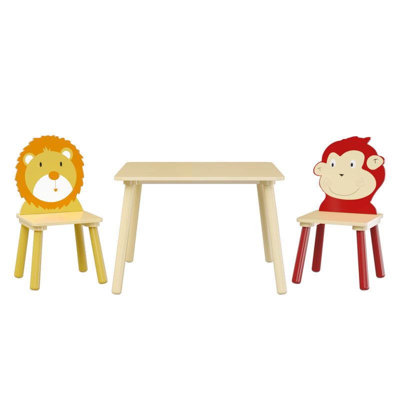 Kids Table And 2 Chairs Set, 3 Pieces Toddler Table And Chair Set, Wooden Activity Play Table Set (Lion&Monkey) - Natural