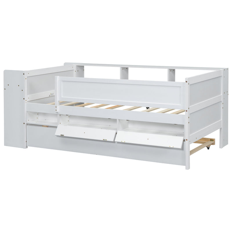 Twin Daybed With Drawers, Trundle, Headboard Storage, Study Desk, And USB Charging Station - White
