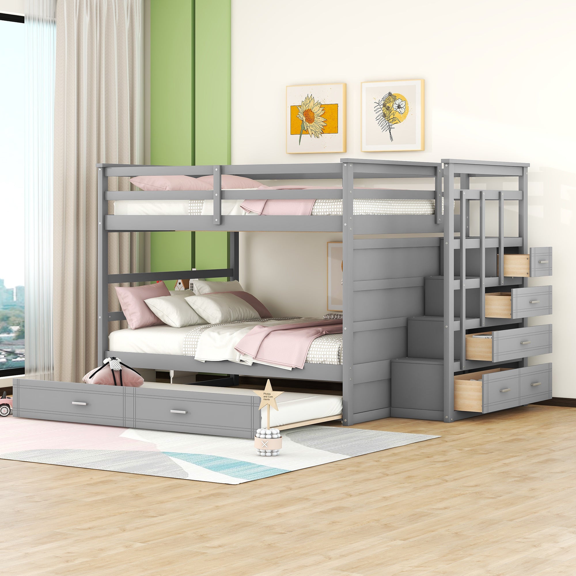 Full Over Full Bunk Bed with Twin Size Trundle and Staircase, Gray - Atlantic Fine Furniture Melbourne FL