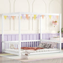 Full Size Canopy Frame Floor Bed with Fence, Guardrails,White