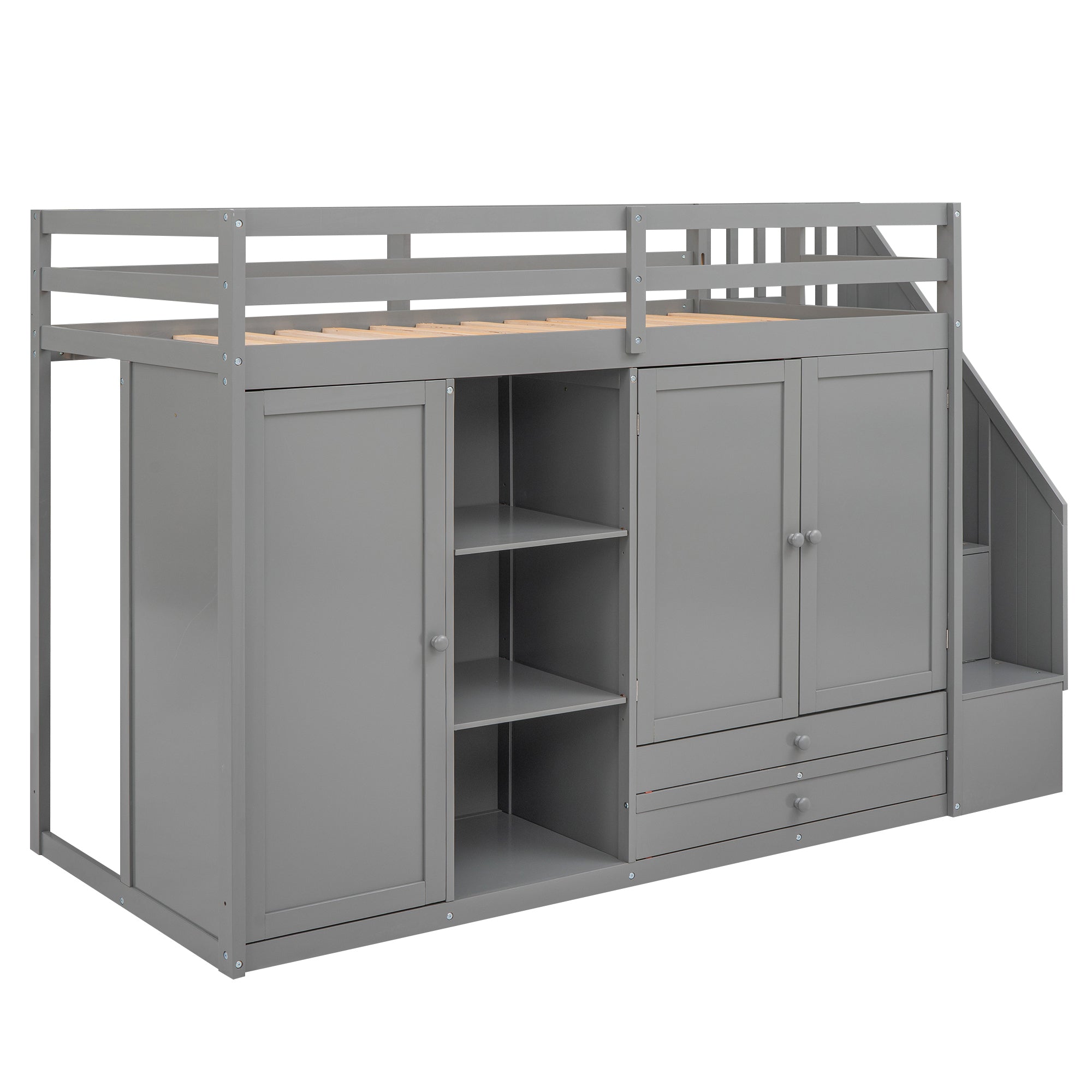 Functional Loft Bed with 3 Shelves, 2 Wardrobes and 2 Drawers,  Ladder with Storage, No Box Spring Needed, Gray - Atlantic Fine Furniture Melbourne FL