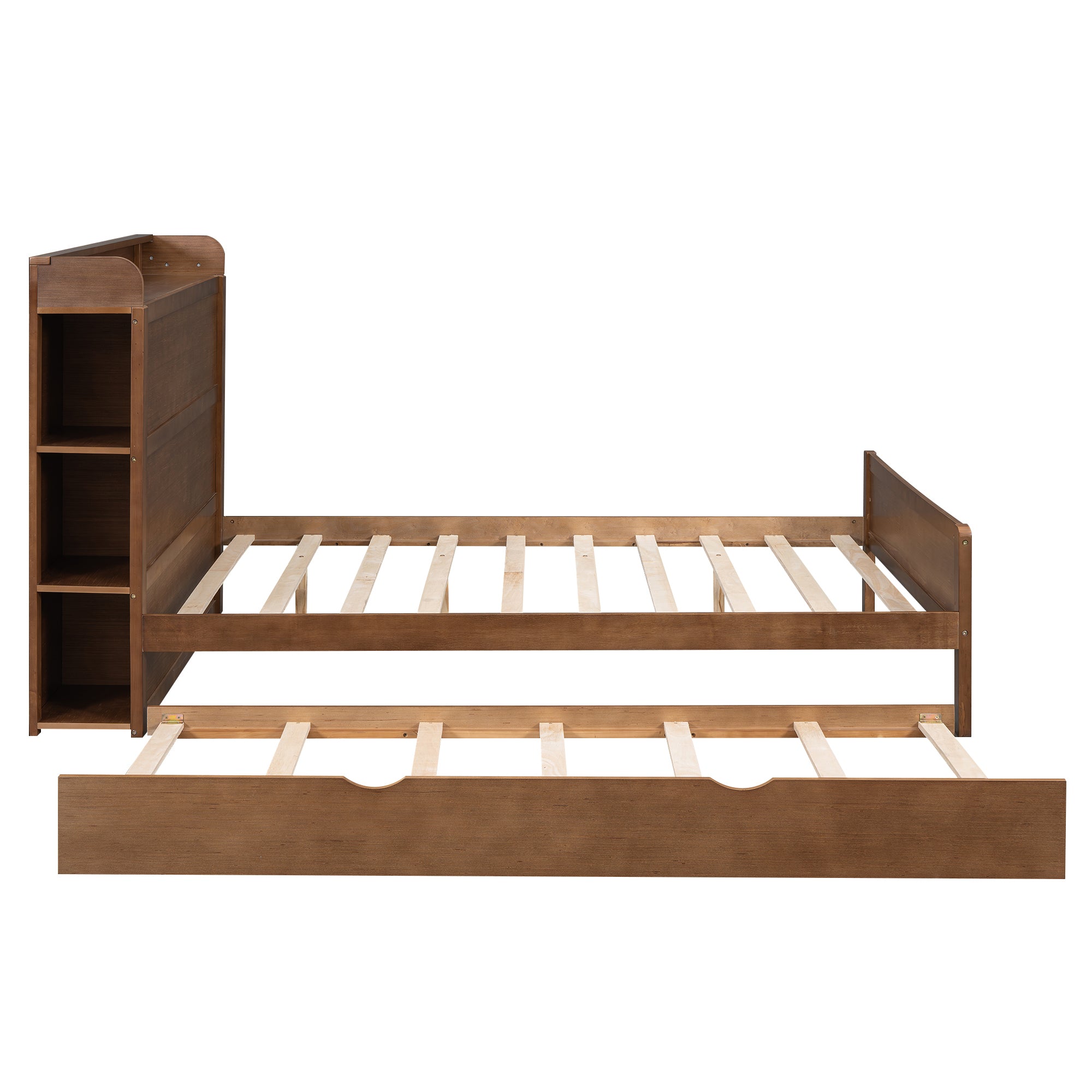 Full Size Platform Bed with Storage Headboard and Twin Size Trundle, Walnut - Atlantic Fine Furniture Melbourne FL