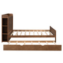 Full Size Platform Bed with Storage Headboard and Twin Size Trundle, Walnut