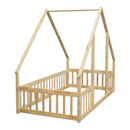 Twin Wood House-Shaped Floor Bed with Fence, Guardrails ,Natural