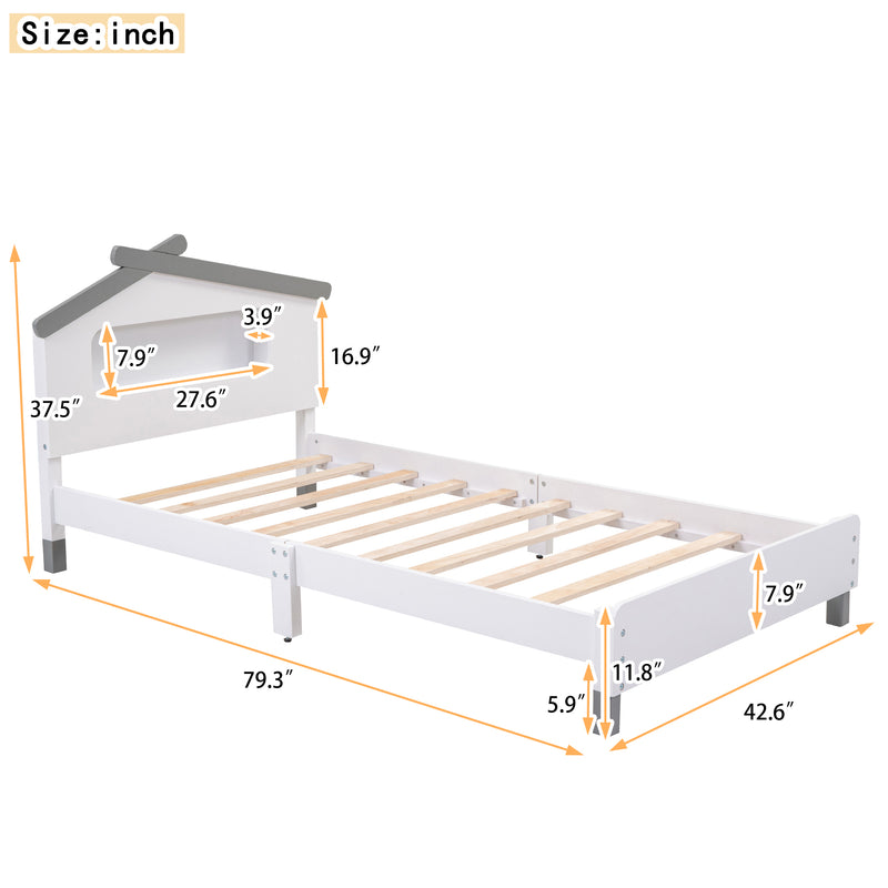 Twin Size Wood Platform Bed with House-shaped Headboard and Motion Activated Night Lights (White+Gray)