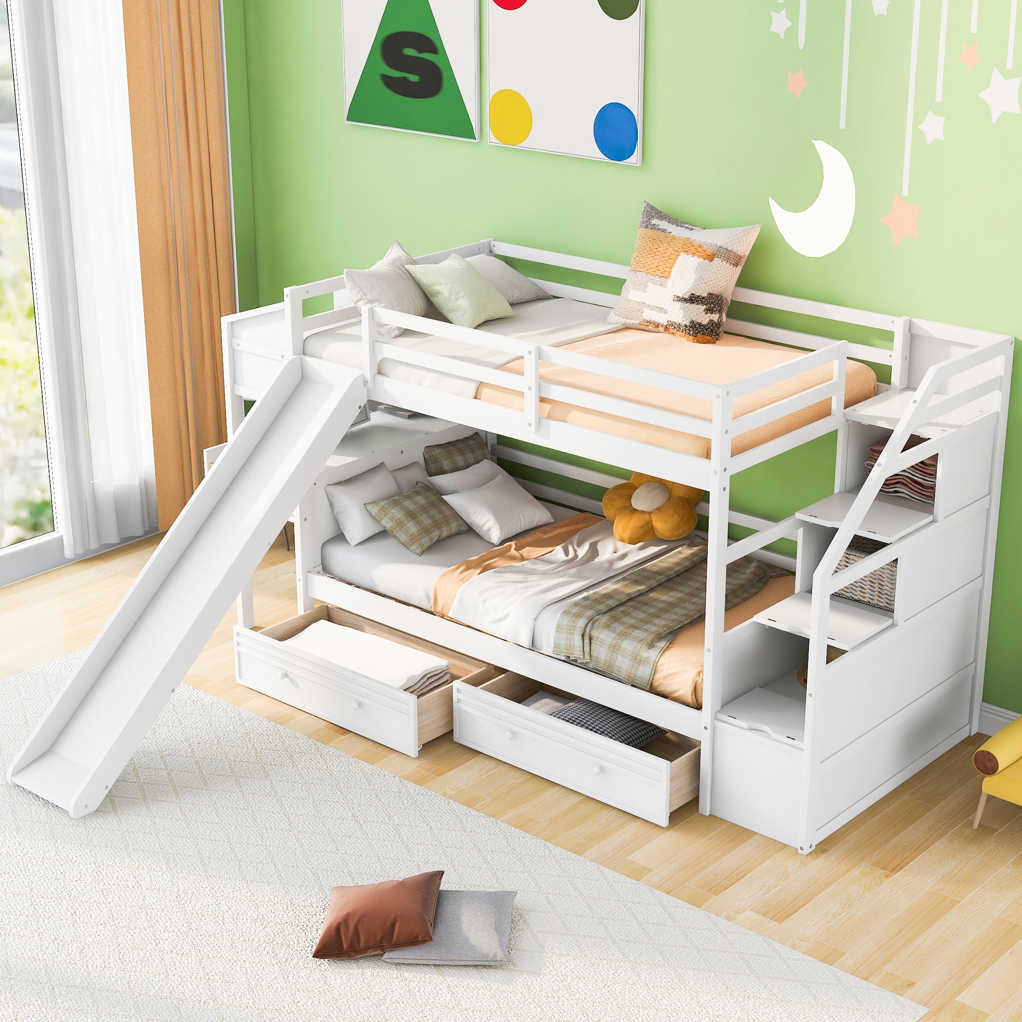 Twin over Twin Bunk Bed with Storage Staircase, Slide and Drawers, Desk with Drawers and Shelves, White - Atlantic Fine Furniture Melbourne FL