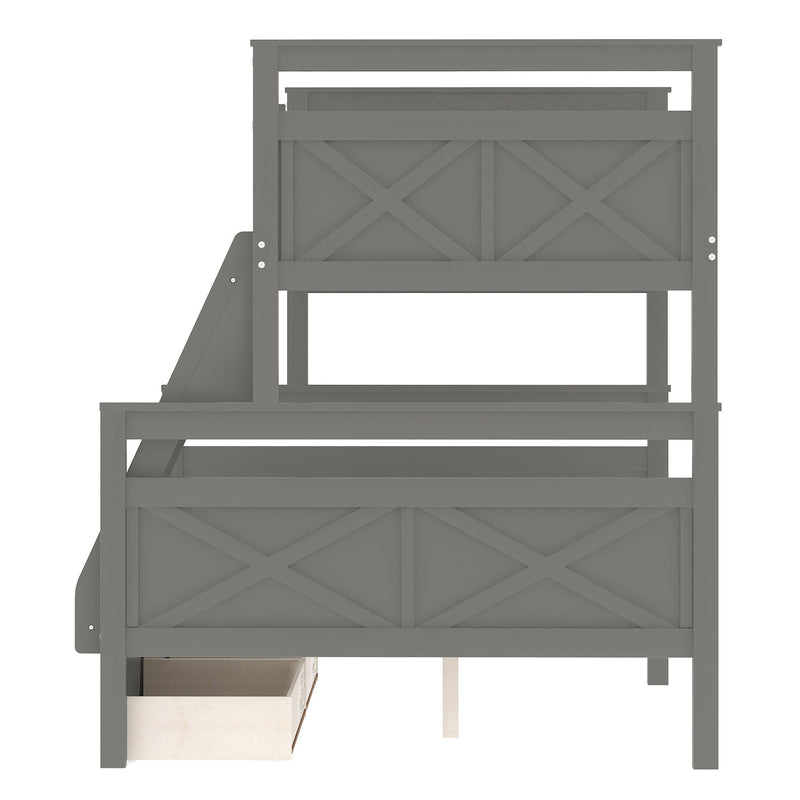 Twin Over Full Bunk Bed With Ladder, Two Storage Drawers, Safety Guardrail