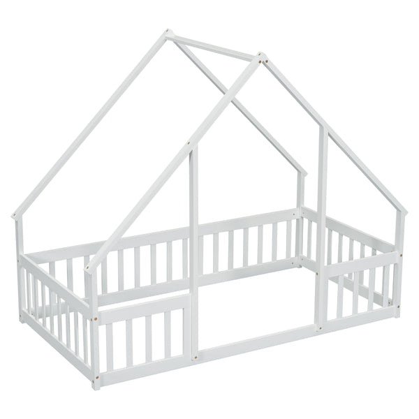 Twin Wood House-Shaped Floor Bed with Fence, Guardrails ,White