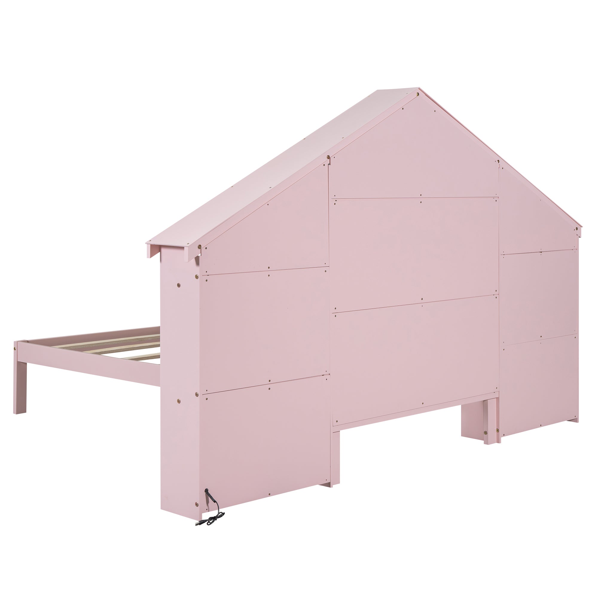 Wood Twin Size Platform Bed with House-shaped Storage Headboard and Built-in LED, Pink - Atlantic Fine Furniture Melbourne FL