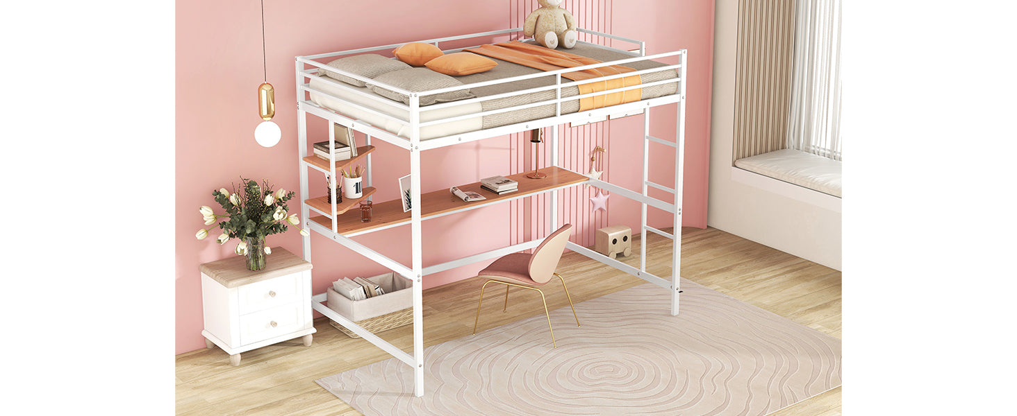 Full Metal Loft Bed with Desk and Shelve, White - Atlantic Fine Furniture Melbourne FL