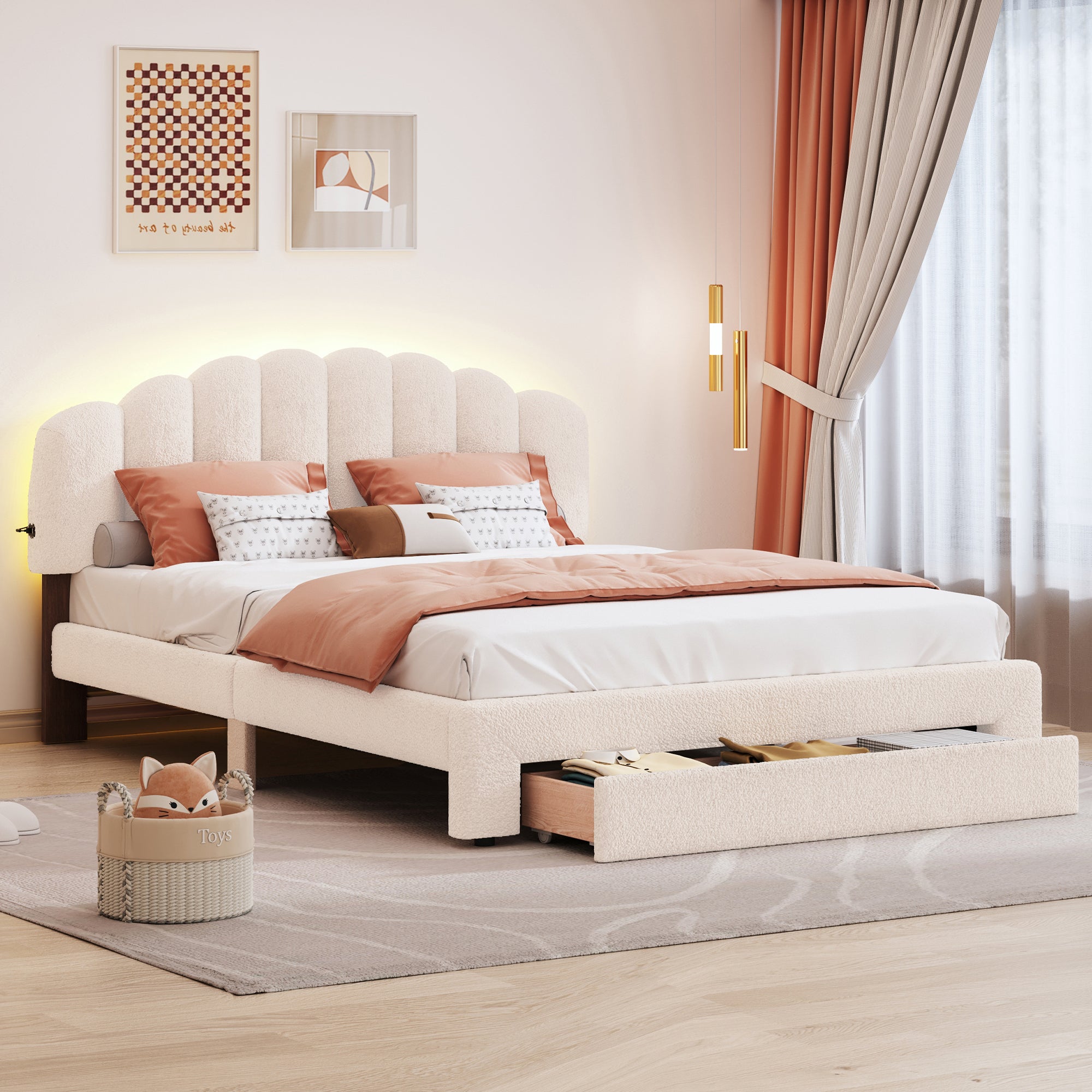 Teddy Fleece Queen Size Upholstered Platform Bed with Drawer, Beige - Atlantic Fine Furniture Melbourne FL